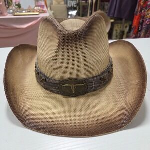 LLK Tan Brown Ombre Straw Cowboy Hat Bull Skull Buckle 100% Grass Western Hat